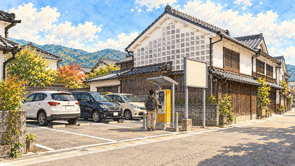 古い町家の脇にある小さなコインパーキングに、乗用車が数台停まっている様子