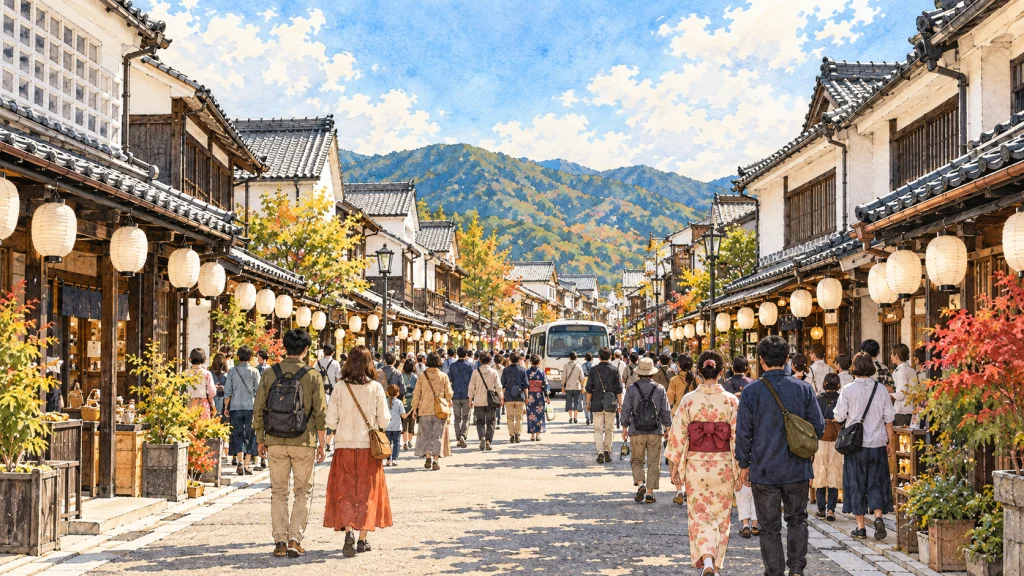 提灯が下がるにぎやかな祭りの日の町並みを、人の流れにまじって歩く後ろ姿