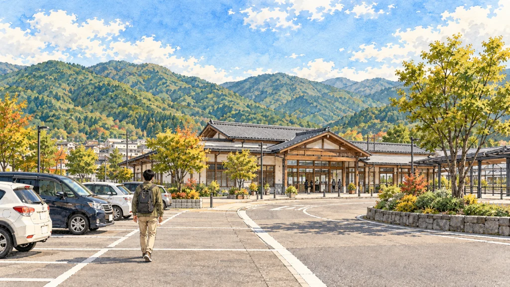 地方の駅前のロータリーと駐車場。車を停めて駅舎のほうへ歩く人物の後ろ姿