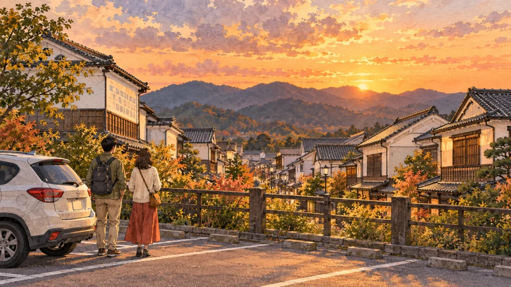 夕方の古い町並みのはずれで、駐車場の車に戻る前に町を振り返る2人の後ろ姿