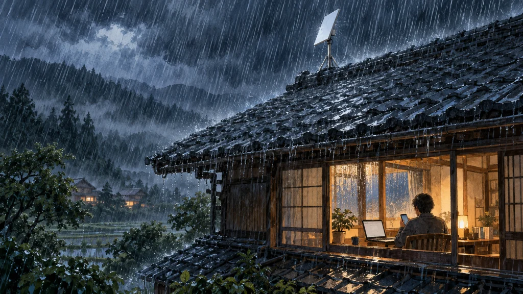 激しい雨の夜の古民家と屋根のパネル型アンテナ、窓辺でスマートフォンを手にする人物の後ろ姿