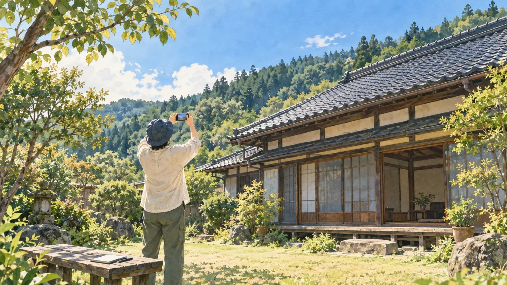 晴れた日の古民家の庭で、スマートフォンを空にかざして空の見え方を確かめる人物の後ろ姿