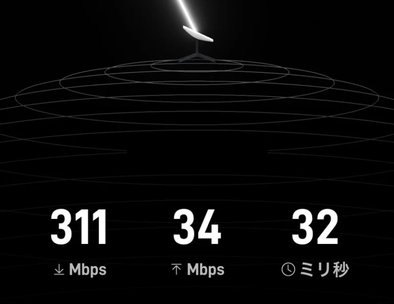 スターリンク公式アプリのスピードテスト画面。下り311Mbps・上り34Mbps・遅延32ミリ秒